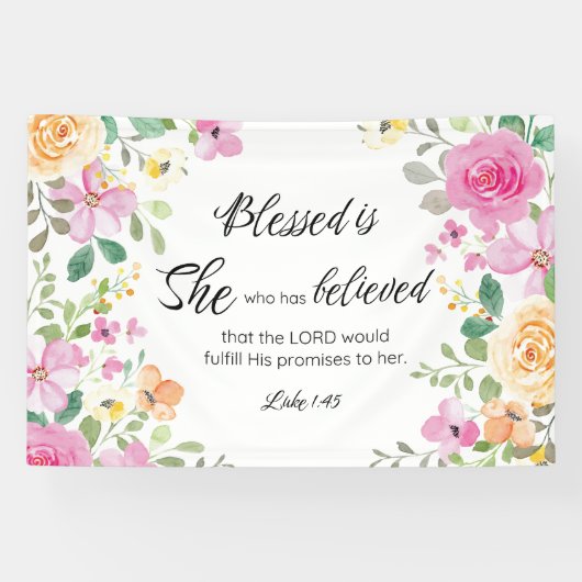 Lukas 1:45 Gezegend is zij, Vrouwengeschriften, Bl Spandoek (Horizontaal)