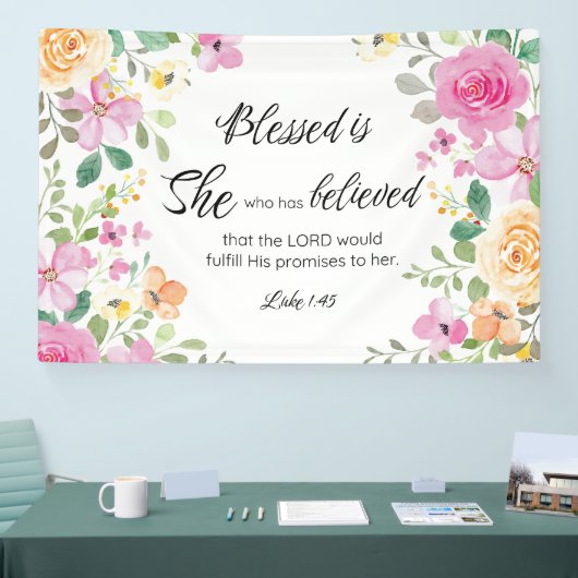 Lukas 1:45 Gezegend is zij, Vrouwengeschriften, Bl Spandoek (Beurs)