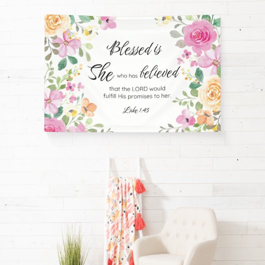 Lukas 1:45 Gezegend is zij, Vrouwengeschriften, Bl Spandoek (Insitu)