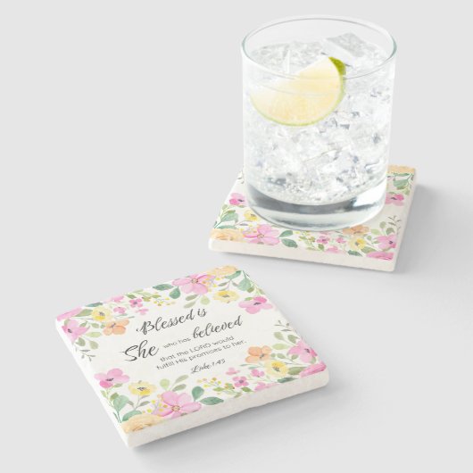 Lukas 1:45 Gezegend is zij, Vrouwengeschriften, Bl Stenen Onderzetter (Zijkant)