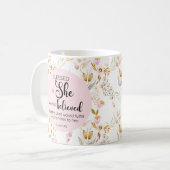 Lukas 1:45 Gezegend is zij Waterverf Roze Bloem Koffiemok (Voorkant links)