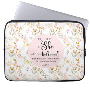Lukas 1:45 Gezegend is zij Waterverf Roze Bloem Laptop Sleeve