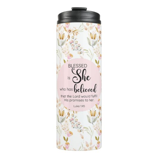 Lukas 1:45 Gezegend is zij Waterverf Roze Bloem Thermosbeker (Voorkant)