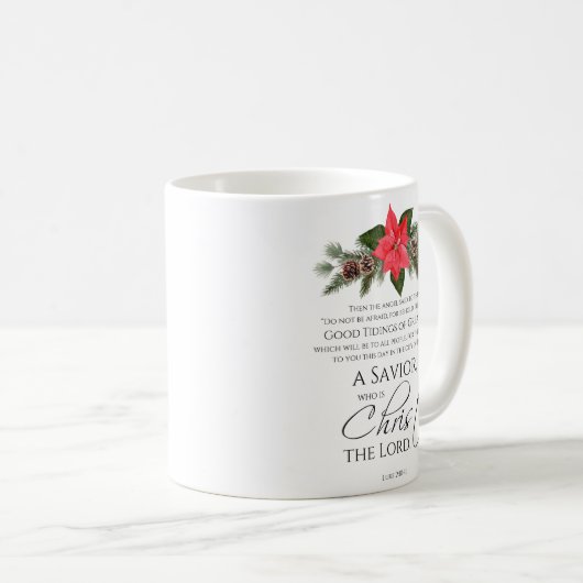 Lukas 2:10-11 Goede Tidings Poinsettia Kerstmis Koffiemok (Voorkant rechts)