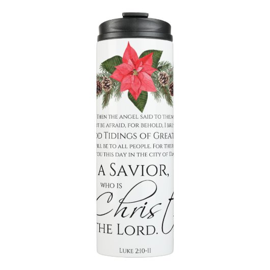 Lukas 2:10-11 Goede Tidings Poinsettia Kerstmis Thermosbeker (Voorkant)