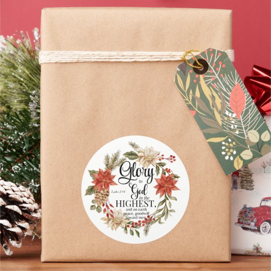 Lukas 2:14 Glorie voor God Kerstmis Gouden Bloem Ronde Sticker (Feestdagen)