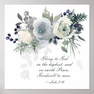 Luke 2:14 "Glory to God" White Rose Poster