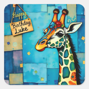 LUKE ~ GELUKKIGE VERJAARDAG ~ GIRAFFE ~ VIERKANTE STICKER