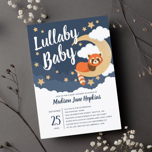 Lullaby Baby Red Panda Moon Baby shower Kaart