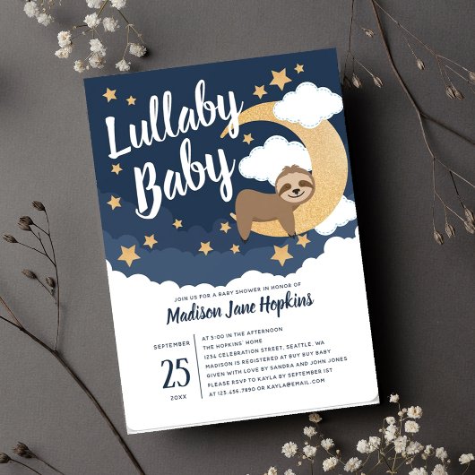 Lullaby Baby Sloth Moon Baby shower Kaart
