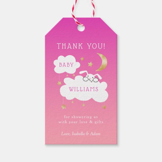 Lullaby Bunny Moon Stars Baby shower Roze Cadeaulabel (Voorkant)