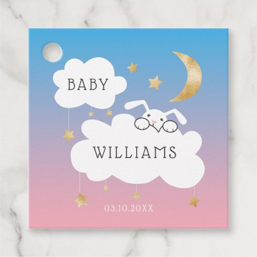 Lullaby thema konijntje roze en blauw Geslacht ont Bedankjes Labels (Voorkant)