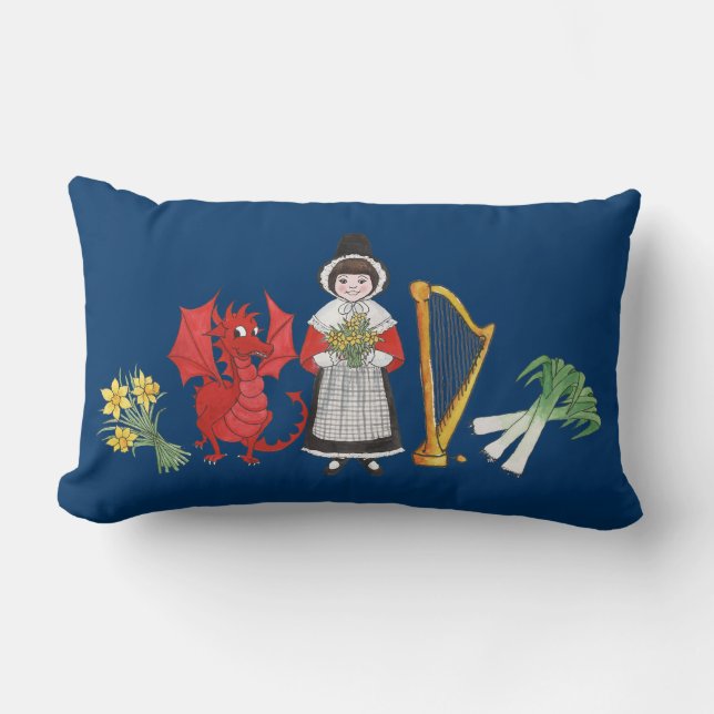 Lumbar Pillow: Welsh, Daffodils, Dragon Leeks Harp Kussen (Voorkant)