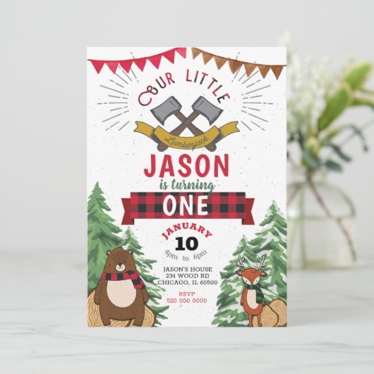Lumberjack 1e verjaardag Uitnodiging (Staand voorkant)