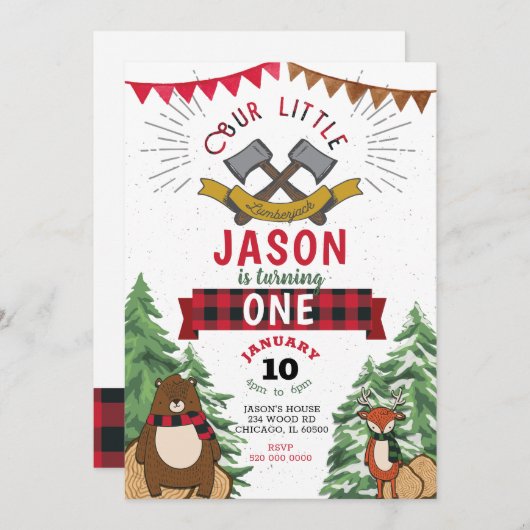 Lumberjack 1e verjaardag Uitnodiging (Voorkant / Achterkant)