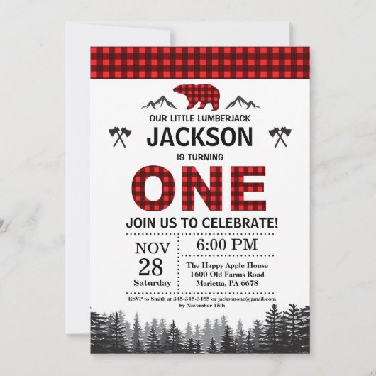 Lumberjack 1e Verjaardag Uitnodiging Beer Woodland (Voorkant)