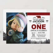 Lumberjack 1e Verjaardag Uitnodiging Beer Woodland (Voorkant / Achterkant)