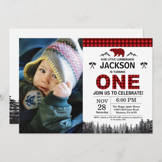 Lumberjack 1e Verjaardag Uitnodiging Beer Woodland (Voorkant / Achterkant)