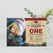 Lumberjack 1e Verjaardag Uitnodiging Beer Woodland (Staand voorkant)