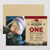 Lumberjack 1e Verjaardag Uitnodiging Beer Woodland (Voorkant / Achterkant)