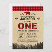Lumberjack 1e Verjaardag Uitnodiging Beer Woodland (Voorkant)