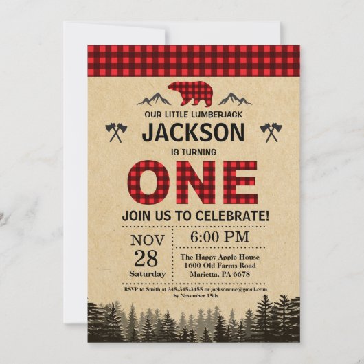 Lumberjack 1e Verjaardag Uitnodiging Beer Woodland (Voorkant)