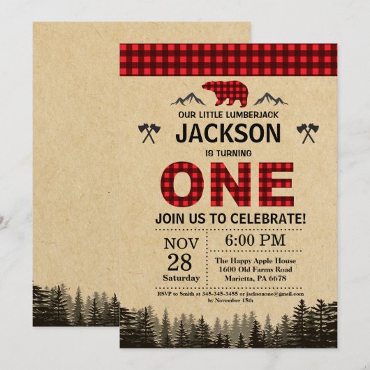 Lumberjack 1e Verjaardag Uitnodiging Beer Woodland (Voorkant / Achterkant)