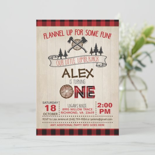 Lumberjack 1e verjaardag uitnodiging - rood (Staand voorkant)