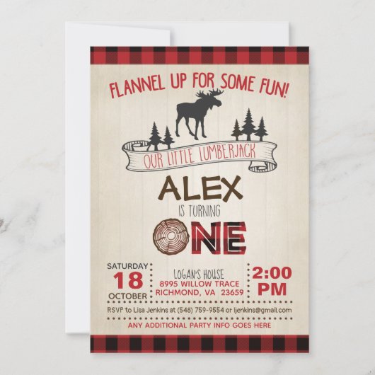 Lumberjack 1e verjaardag uitnodiging - rood/eland (Voorkant)