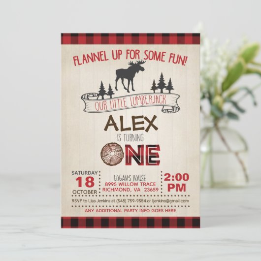 Lumberjack 1e verjaardag uitnodiging - rood/eland (Staand voorkant)