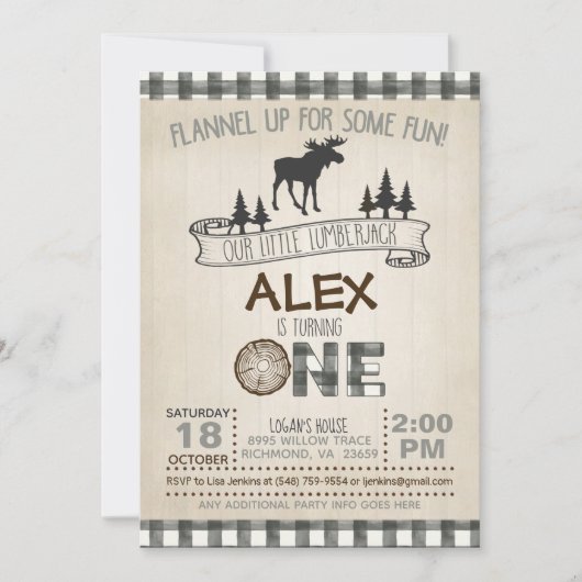Lumberjack 1st Birthday Invitation - Moose - White Kaart (Voorkant)