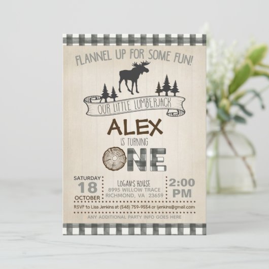Lumberjack 1st Birthday Invitation - Moose - White Kaart (Staand voorkant)