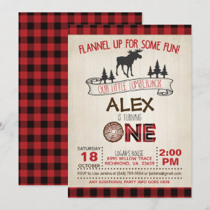 Lumberjack 1st Birthday Invitation - Red/Moose Kaart