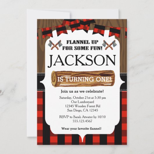 Lumberjack 1st Birthday Party Invitation Kaart (Voorkant)