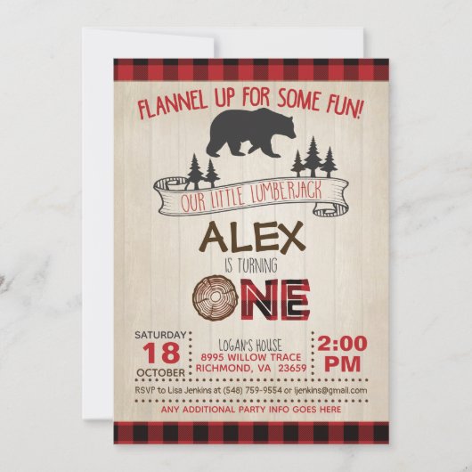 Lumberjack 1st Birthday Uitnodiging - Rood/Beer (Voorkant)