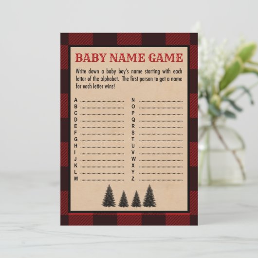 Lumberjack Baby Naam Douche Game Rood Plaid Programmakaart (Staand voorkant)