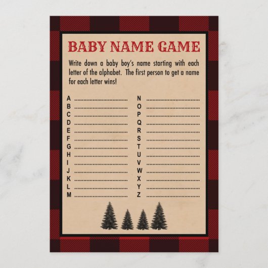 Lumberjack Baby Naam Douche Game Rood Plaid Programmakaart (Voorkant)