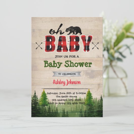 Lumberjack baby shower feestuitnodiging kaart (Staand voorkant)