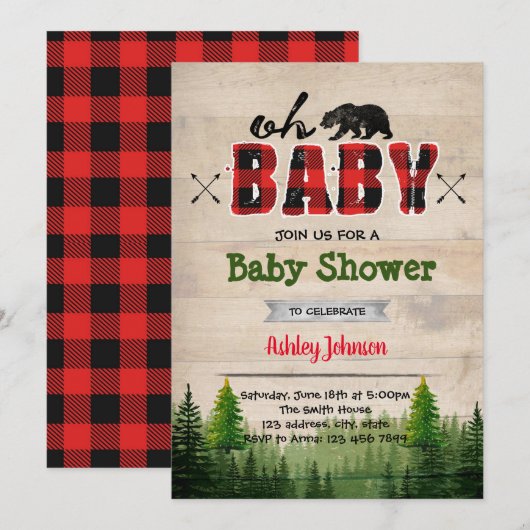 Lumberjack baby shower feestuitnodiging kaart (Voorkant / Achterkant)