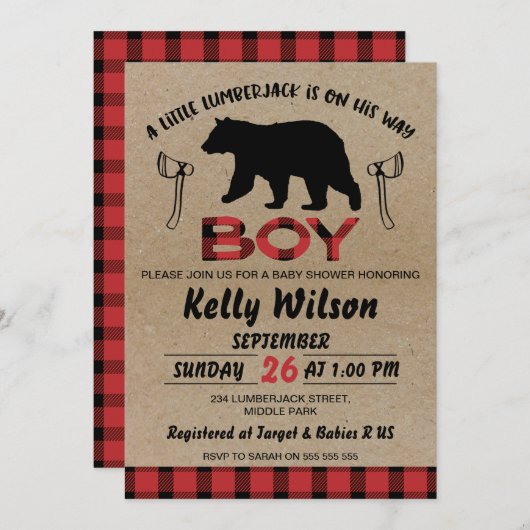 Lumberjack Baby shower Uitnodiging (Voorkant / Achterkant)