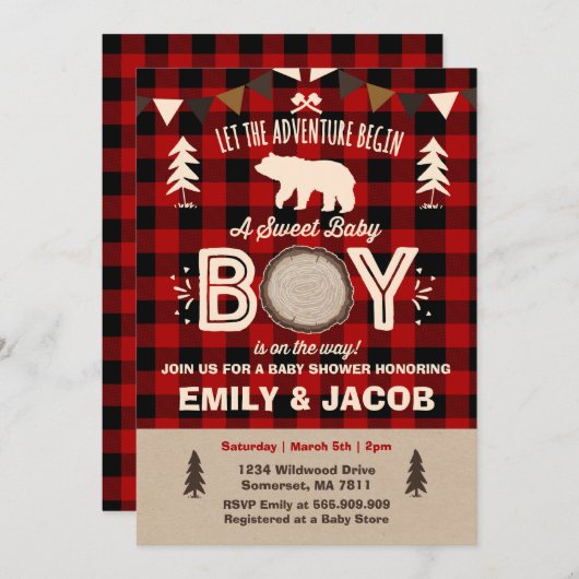 Lumberjack Baby shower Uitnodiging Lumberjack Part (Voorkant / Achterkant)