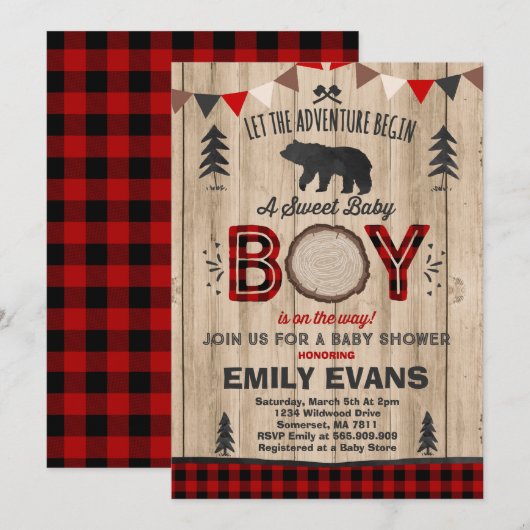 Lumberjack Baby shower Uitnodiging Lumberjack Part (Voorkant / Achterkant)