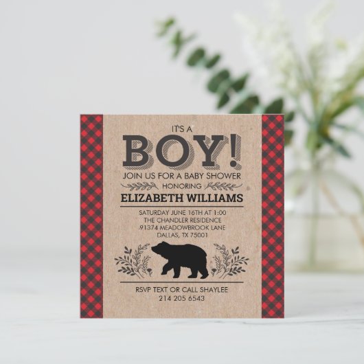 Lumberjack beer Flannel Rustic Boy Baby shower Inv Kaart (Staand voorkant)