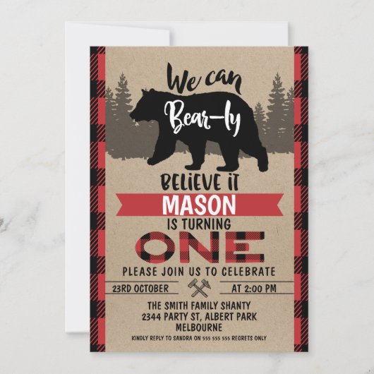 Lumberjack Beer-ly Believe 1e verjaardag Uitnodigi Kaart (Voorkant)