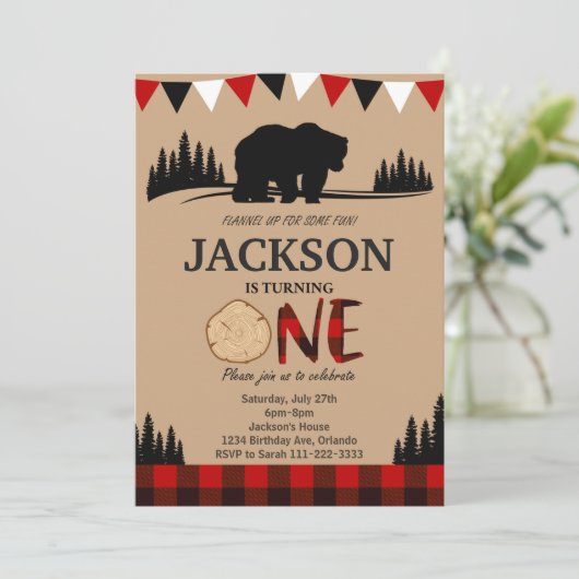 Lumberjack Beer rustiek 1e verjaardagsuitnodiging Kaart (Staand voorkant)