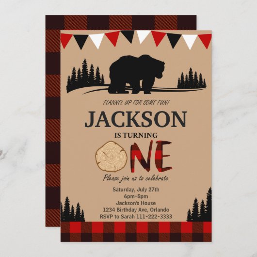 Lumberjack Beer rustiek 1e verjaardagsuitnodiging Kaart (Voorkant / Achterkant)