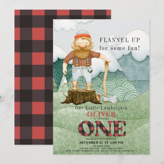 Lumberjack bergen Buffalo Plaid 1e Verjaardag Kaart (Voorkant / Achterkant)