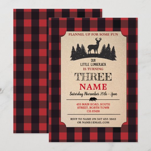 Lumberjack Birthday ELKE LEEFTIJD Red Flannel Invi Kaart (Voorkant / Achterkant)