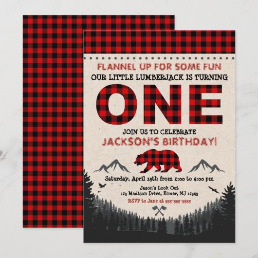 Lumberjack Birthday Invitation Buffalo Play Kaart (Voorkant / Achterkant)