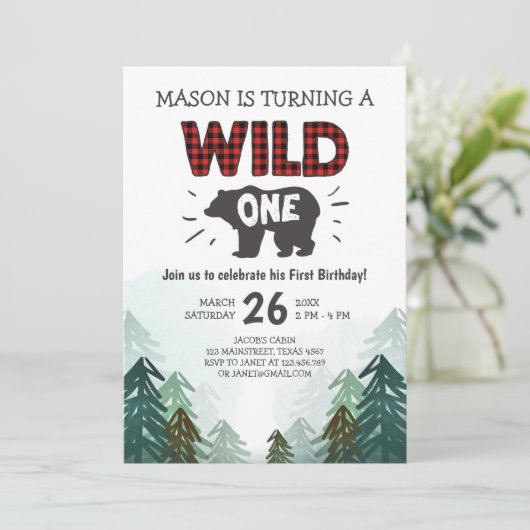 Lumberjack Birthday Invitation Wild One Forest Kaart (Staand voorkant)